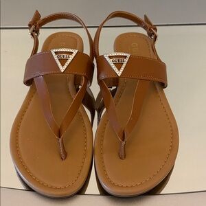 GUESS Nishell Rhinestone Logo Sandals Women Size 8 Brown Thong Flats